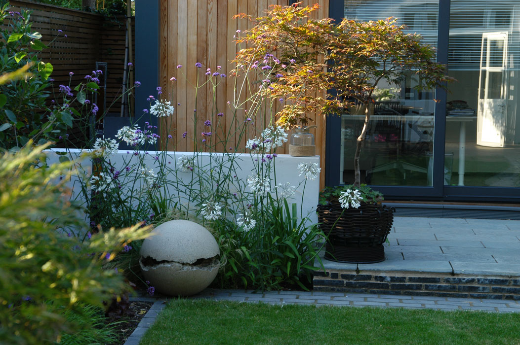 Agapanthus and concrete sphere light